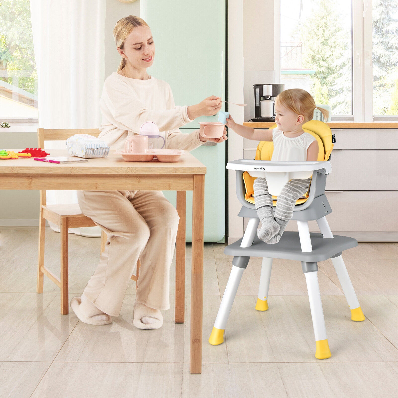 6-In-1 Convertible Baby High Chair, Adjustable Removable Tray, Yellow High Chairs at Gallery Canada