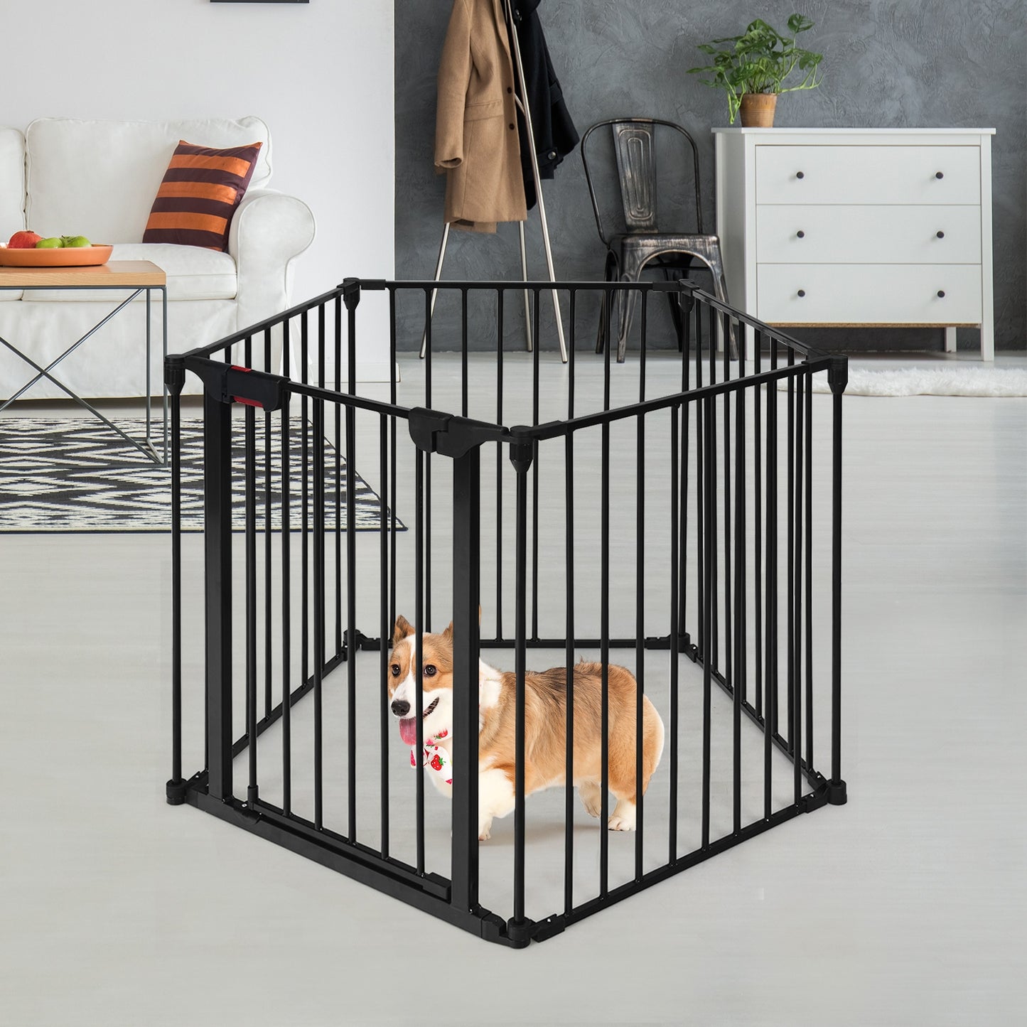 115 Inch, 5 Panel Adjustable Fireplace Fence, Black Pet Gate at Gallery Canada
