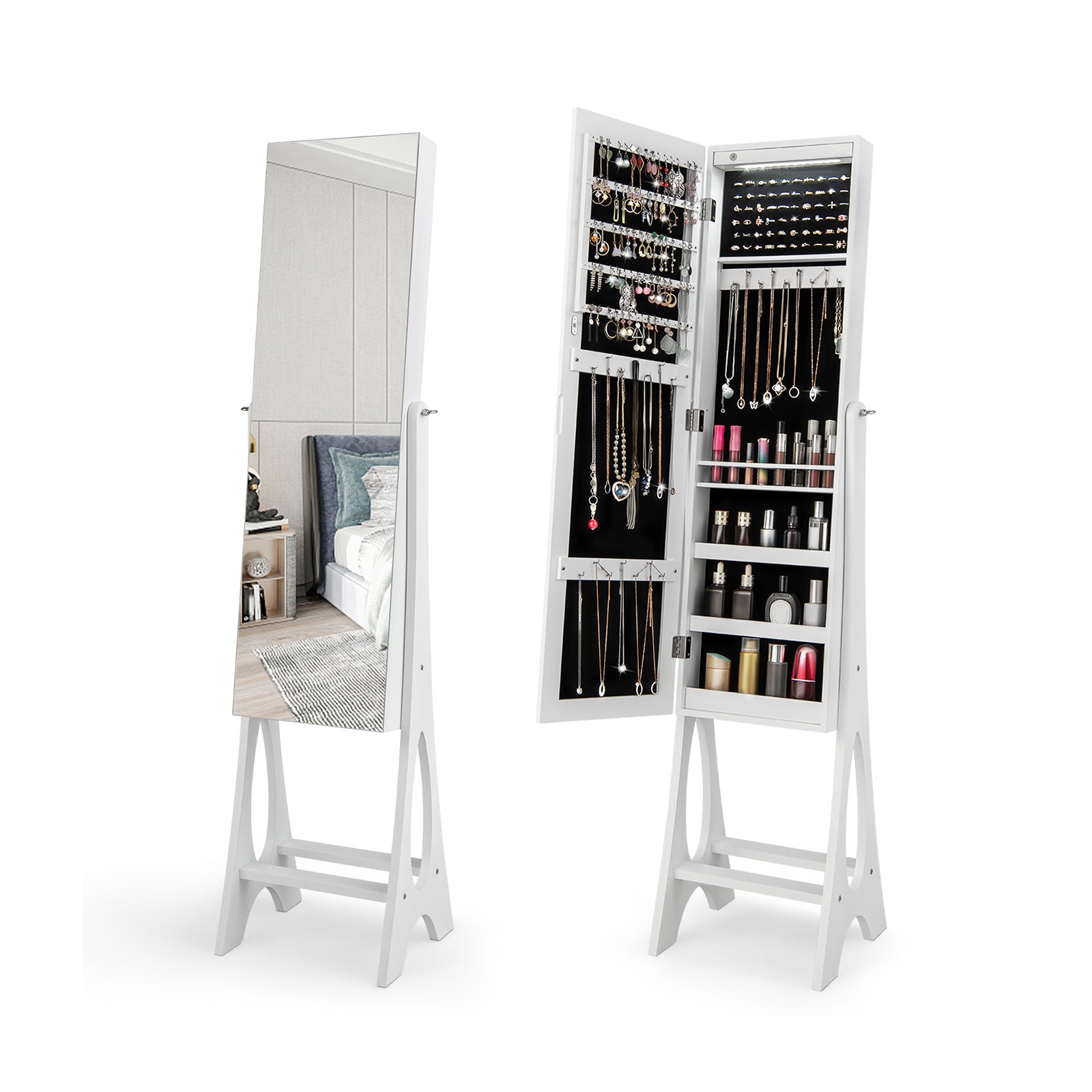 Freestanding Jewelry Cabinet Armoire Organizer with Bevel Edge Mirror, White Jewelry Armoires at Gallery Canada