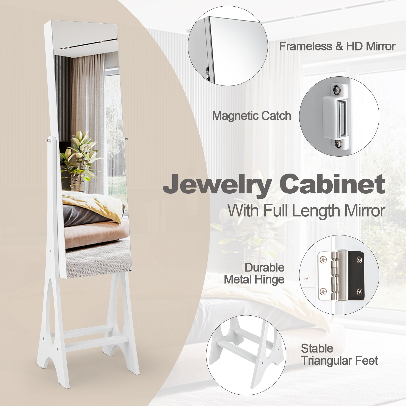 Freestanding Jewelry Cabinet Armoire Organizer with Bevel Edge Mirror, White Jewelry Armoires at Gallery Canada