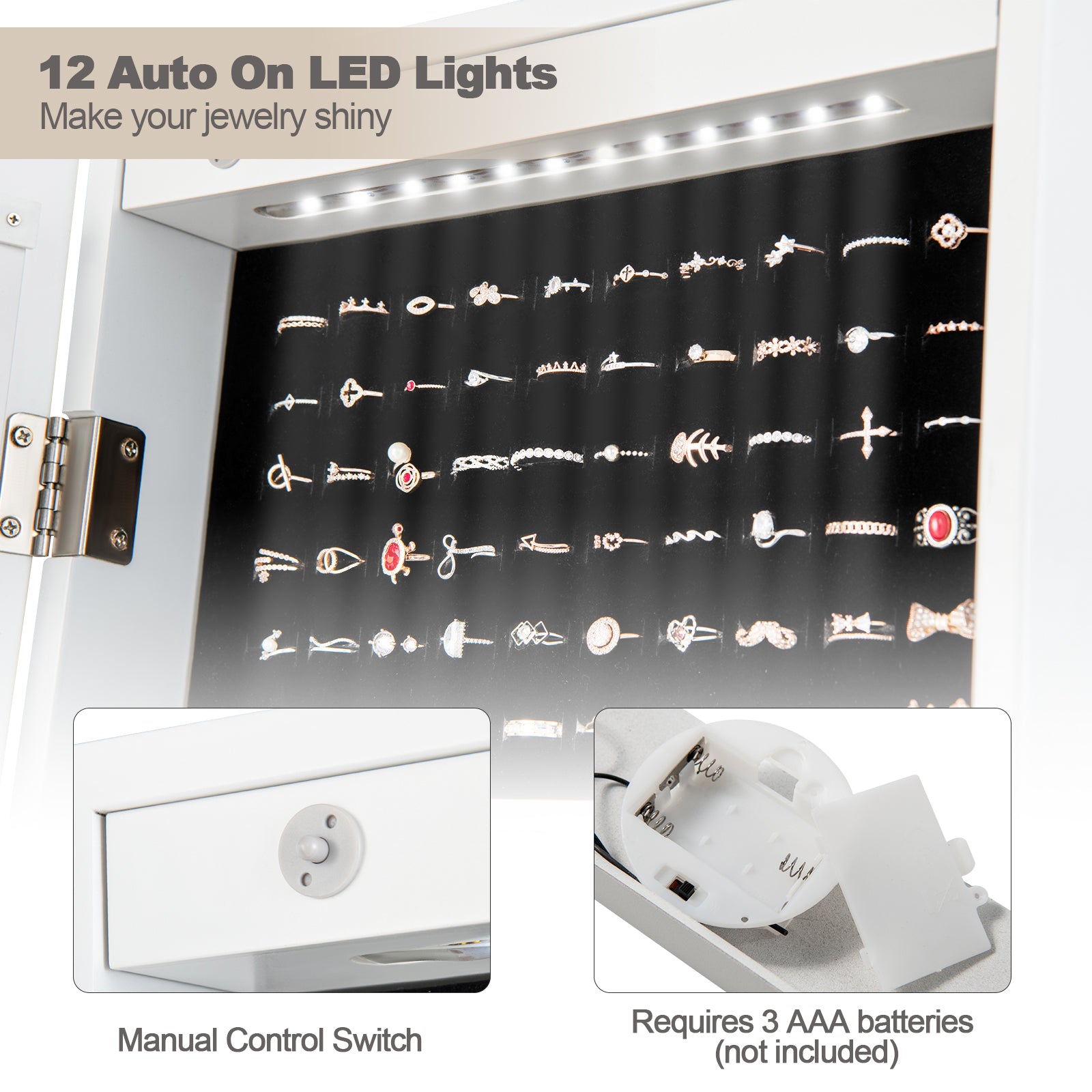 Freestanding Jewelry Cabinet Armoire Organizer with Bevel Edge Mirror, White Jewelry Armoires at Gallery Canada