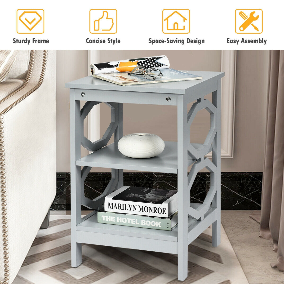 3 Tiers Nightstand Sofa Side End Accent Table, Gray End & Side Tables at Gallery Canada
