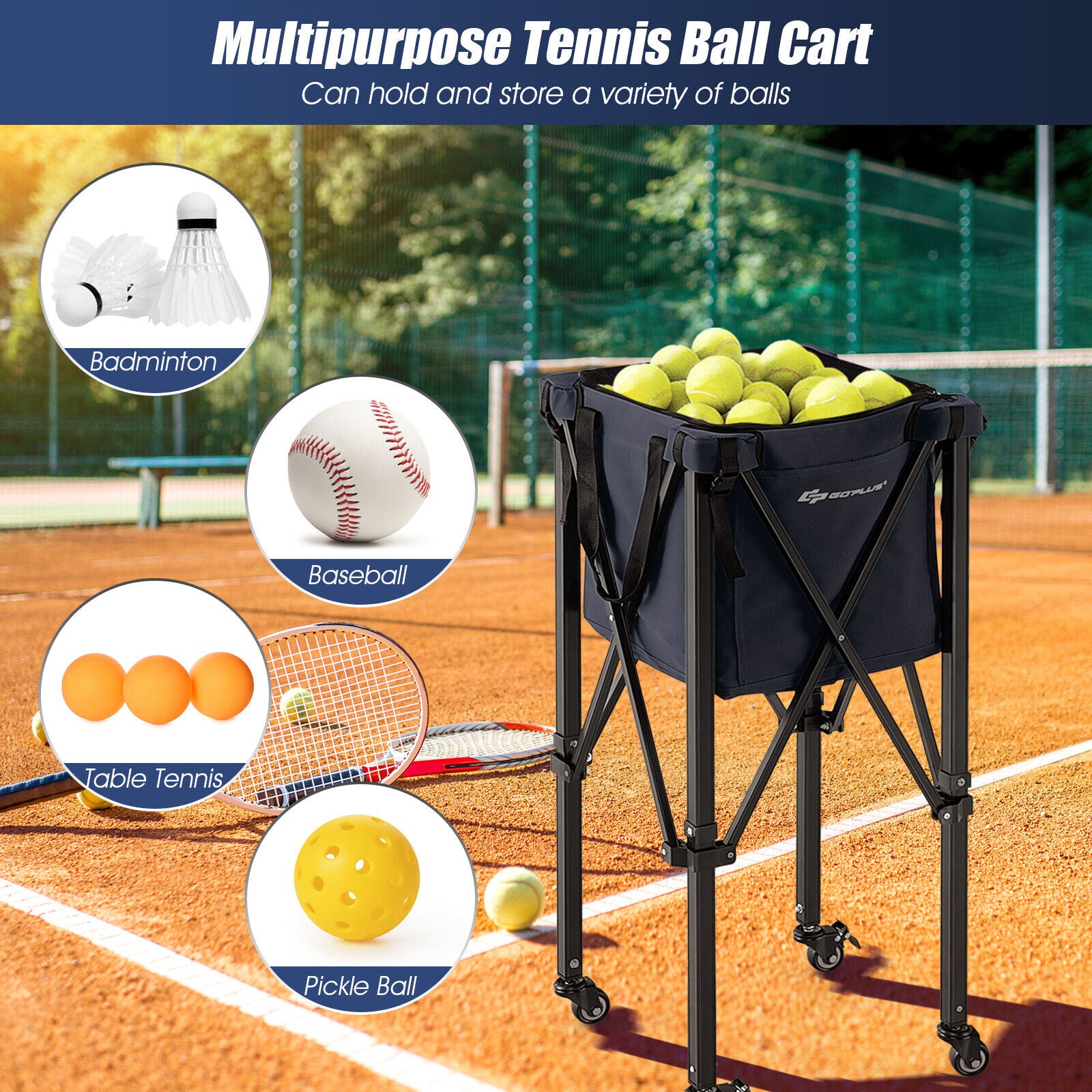Lightweight Foldable Tennis Ball Teaching Cart with Wheels and Removable Bag, Blue Sport Equipments at Gallery Canada