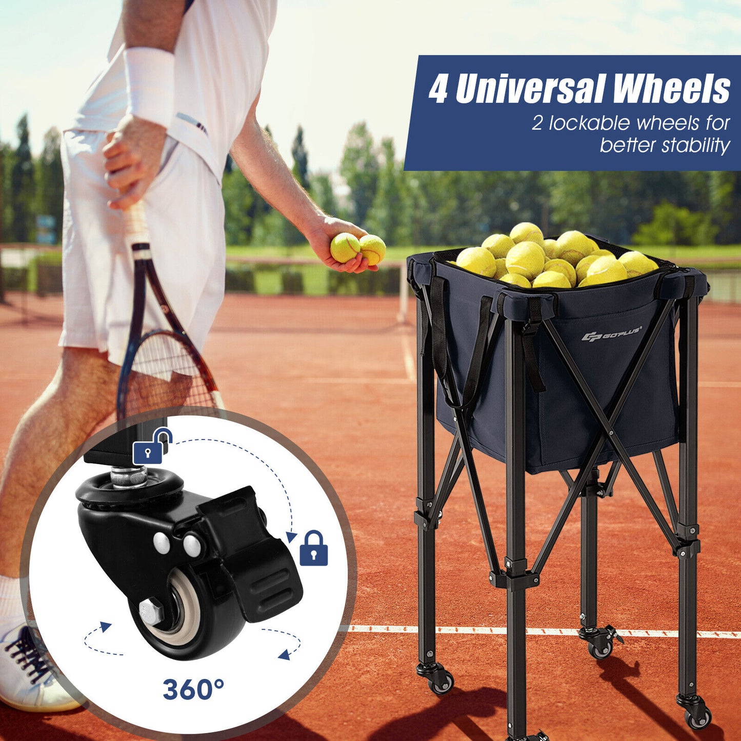 Lightweight Foldable Tennis Ball Teaching Cart with Wheels and Removable Bag, Blue Sport Equipments at Gallery Canada