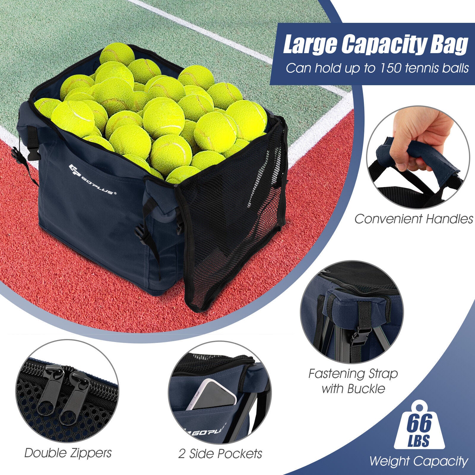 Lightweight Foldable Tennis Ball Teaching Cart with Wheels and Removable Bag, Blue Sport Equipments at Gallery Canada
