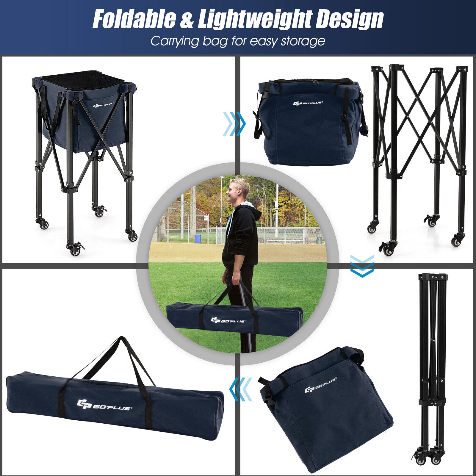 Lightweight Foldable Tennis Ball Teaching Cart with Wheels and Removable Bag, Blue Sport Equipments at Gallery Canada