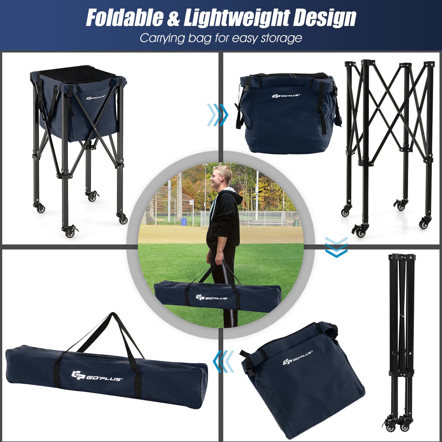 Lightweight Foldable Tennis Ball Teaching Cart with Wheels and Removable Bag, Blue Sport Equipments at Gallery Canada