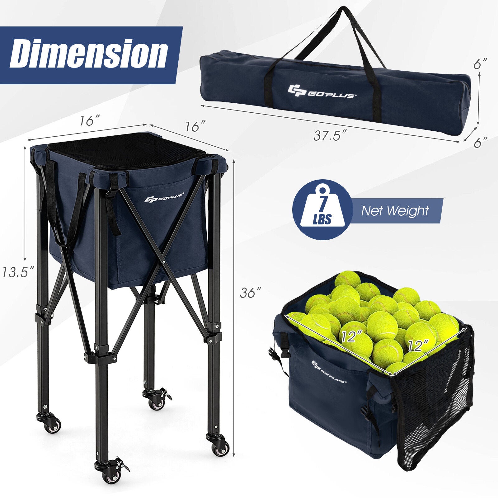 Lightweight Foldable Tennis Ball Teaching Cart with Wheels and Removable Bag, Blue Sport Equipments at Gallery Canada