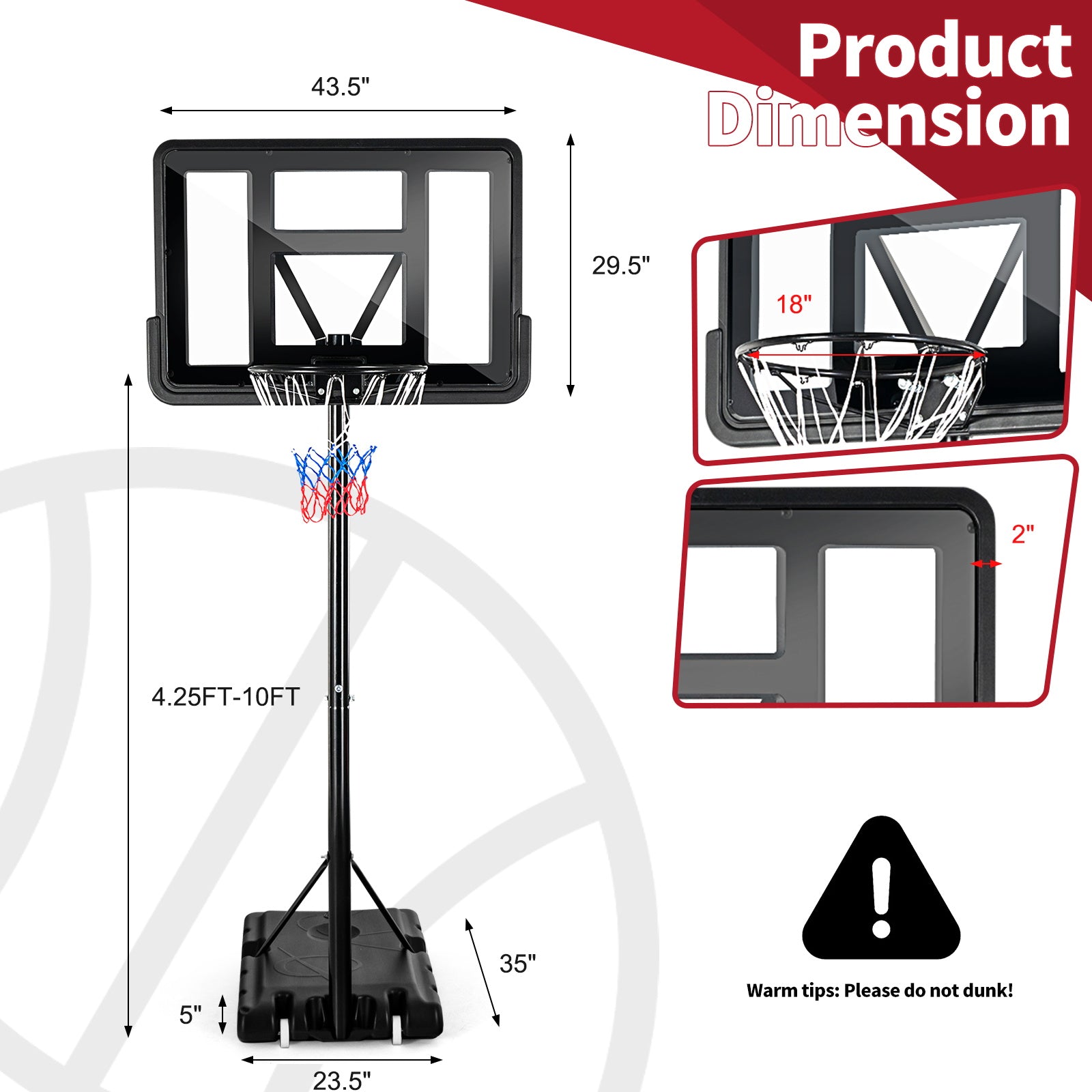 Adjustable Portable Basketball Hoop Stand with Shatterproof Backboard Wheels, Black Sport Equipments at Gallery Canada