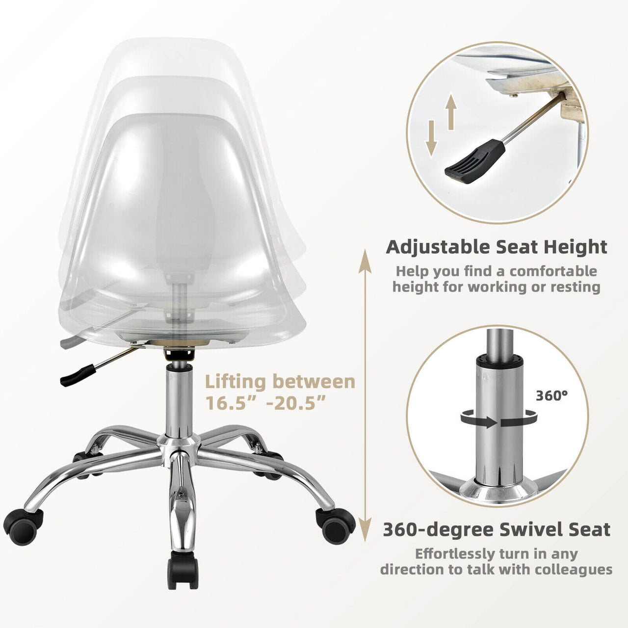 Swivel Acrylic Armless Adjustable Height Office Chair - Gallery View 7 of 11