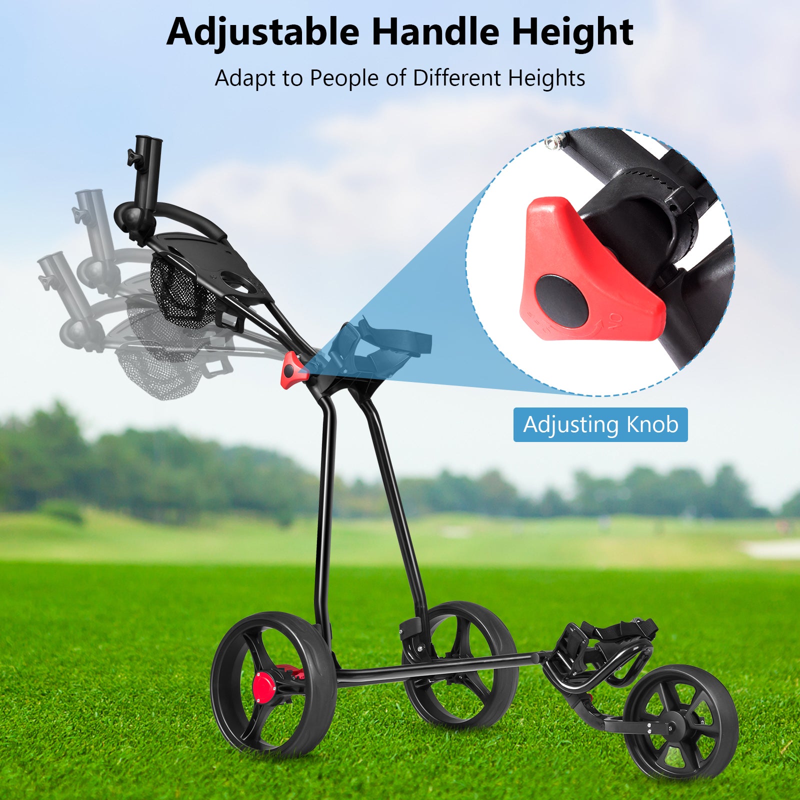 3 Wheel Durable Foldable Steel Golf Cart with Mesh Bag, Black Golf at Gallery Canada
