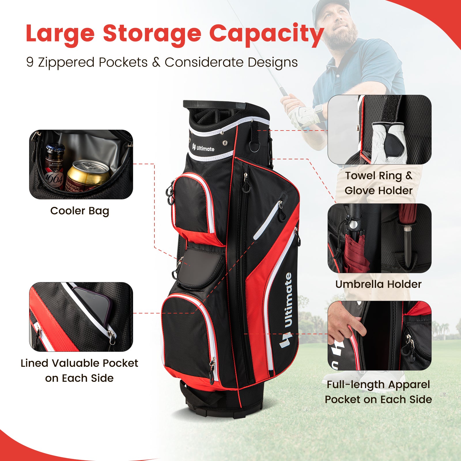 Golf Cart Bag with 14 Way Top Dividers, Red Golf at Gallery Canada