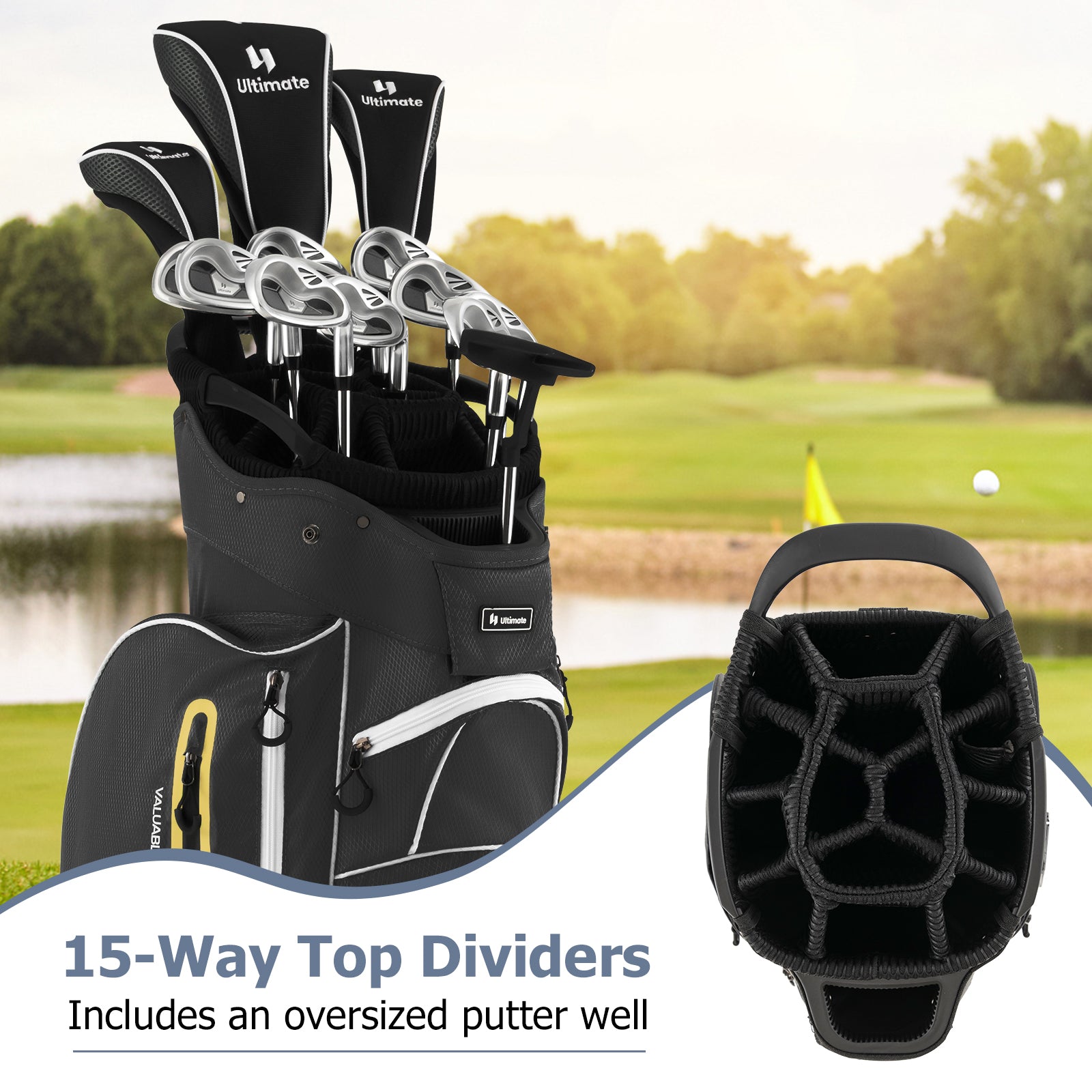 9.5 Inch Lightweight Golf Cart Bag with 15 Way Top Dividers, Black Golf at Gallery Canada