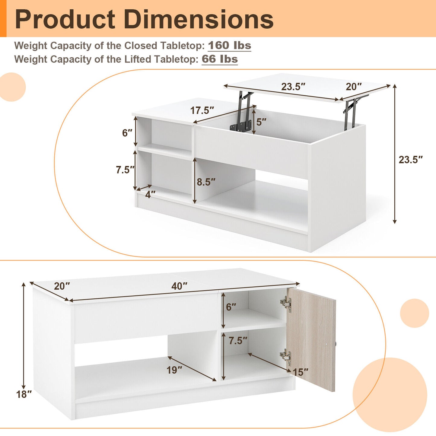 Table basse relevable avec rangement, blanche