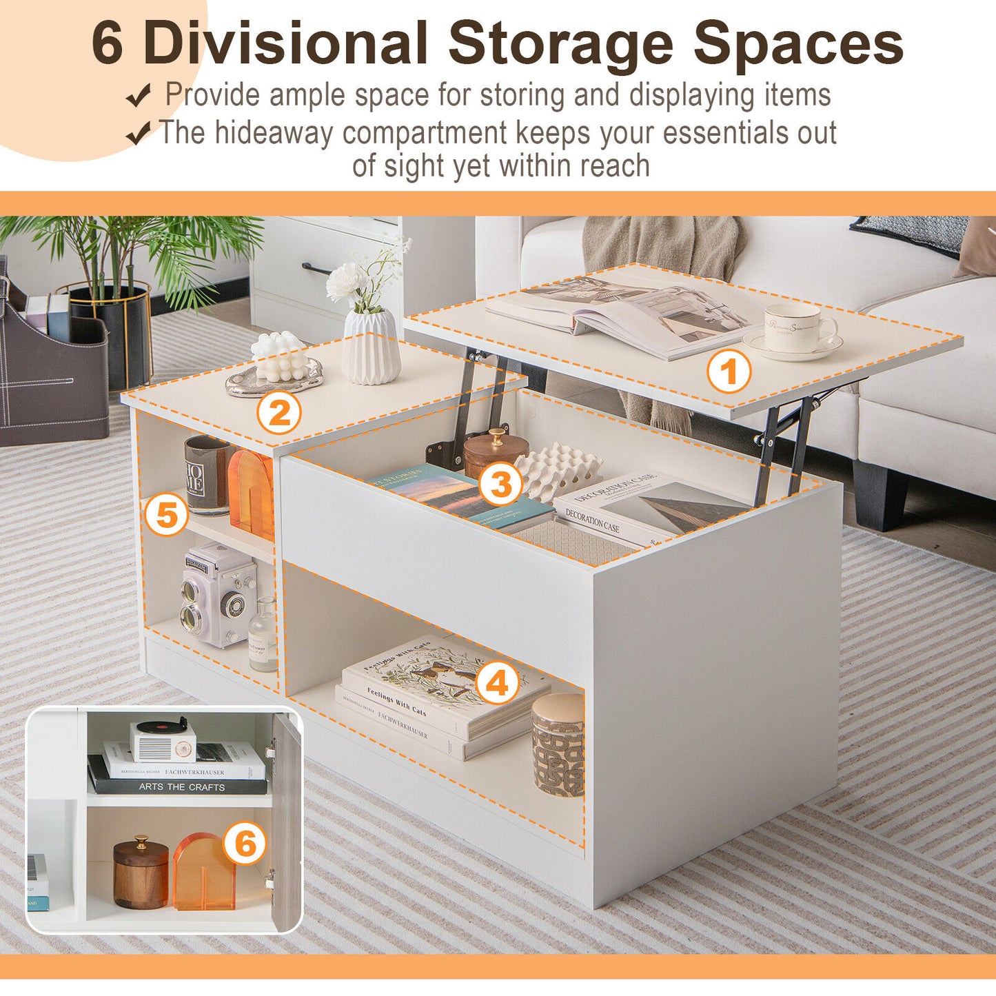 Table basse relevable avec rangement, blanche