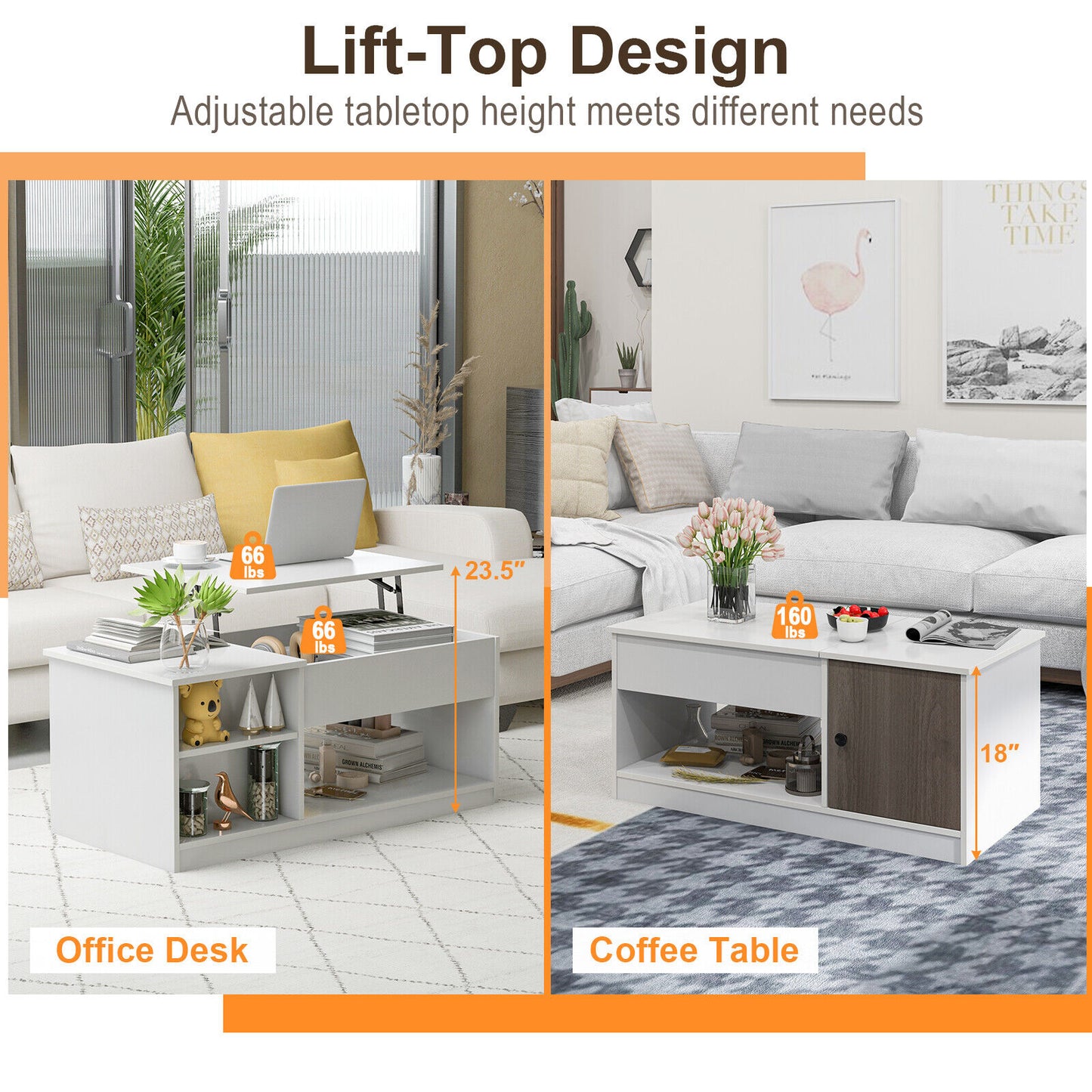 Table basse relevable avec rangement, blanche