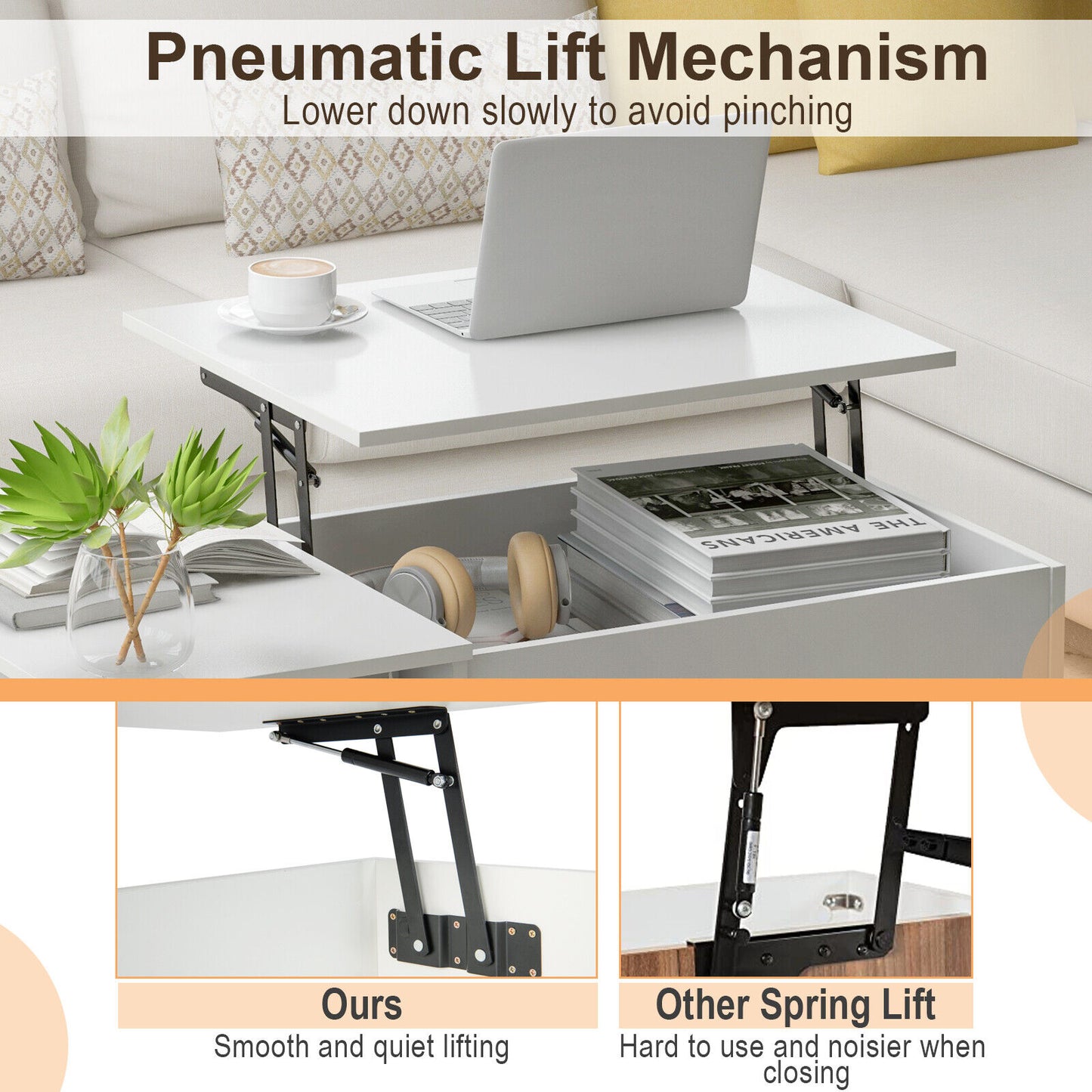Table basse relevable avec rangement, blanche