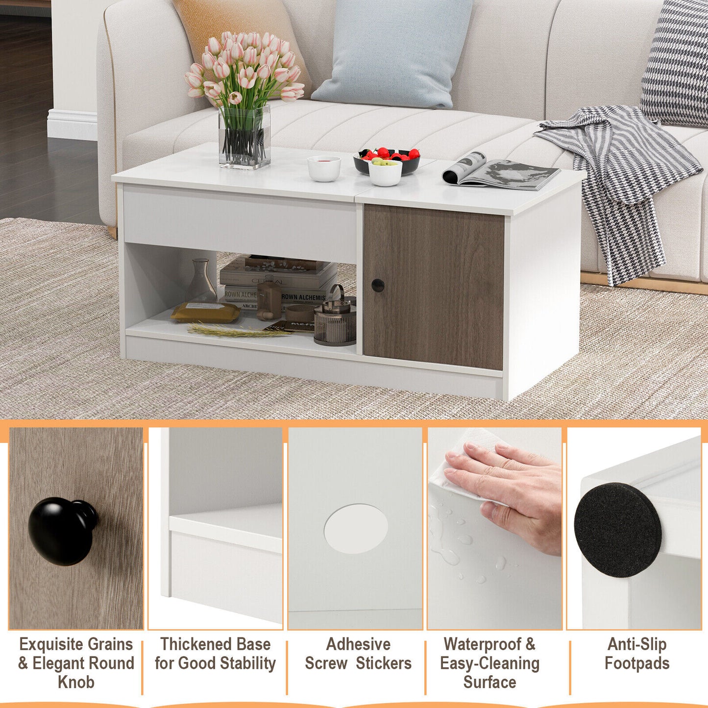 Table basse relevable avec rangement, blanche