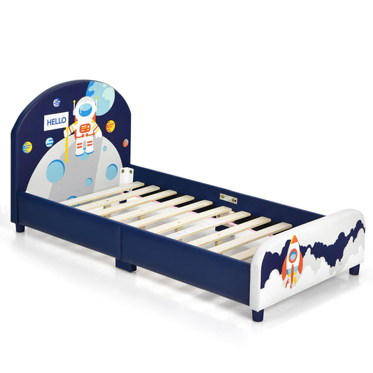 Kids Upholstered Platform Bed with Headboard and Footboard, Dark Blue Toddler Beds Dark Blue at Gallery Canada