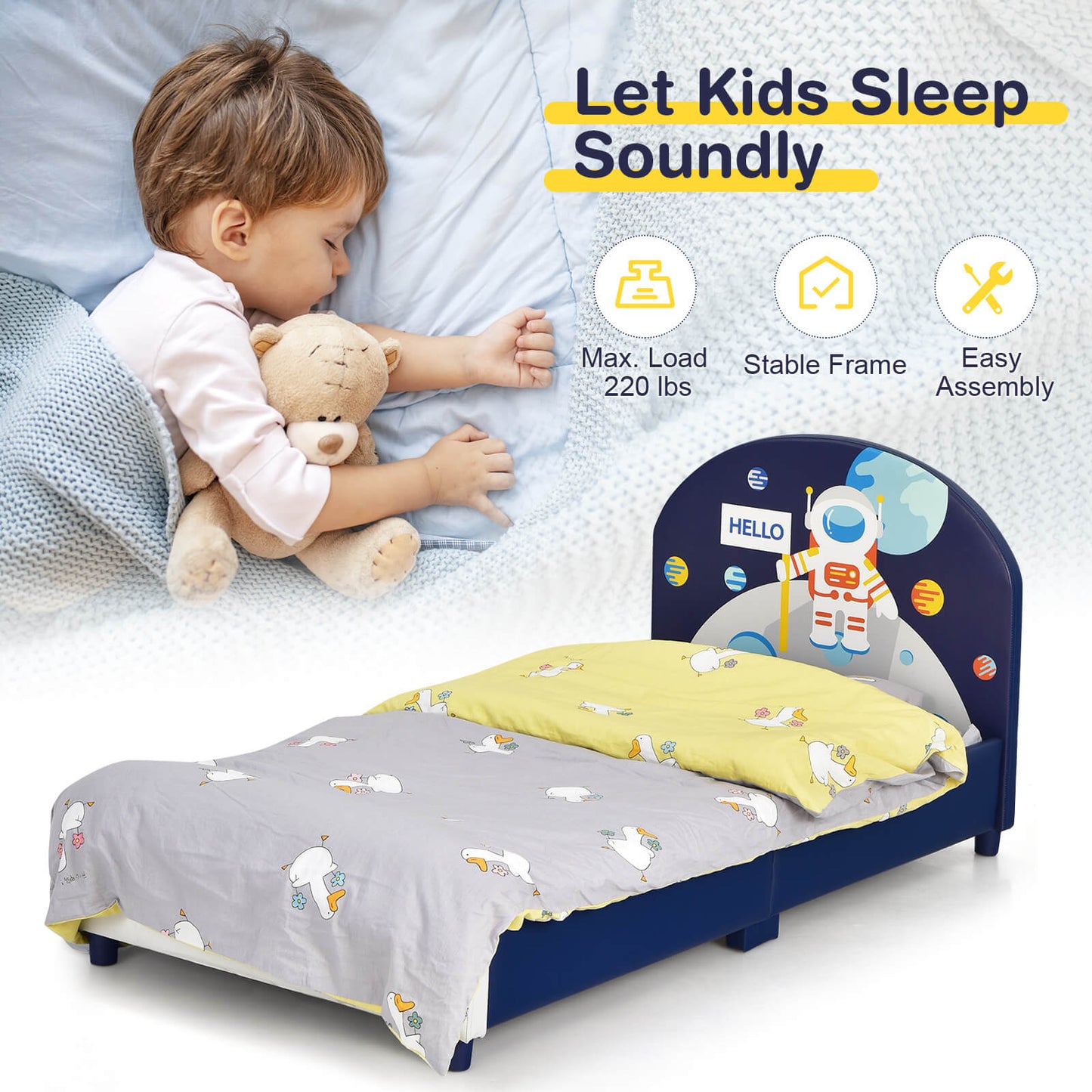 Kids Upholstered Platform Bed with Headboard and Footboard, Dark Blue Toddler Beds at Gallery Canada