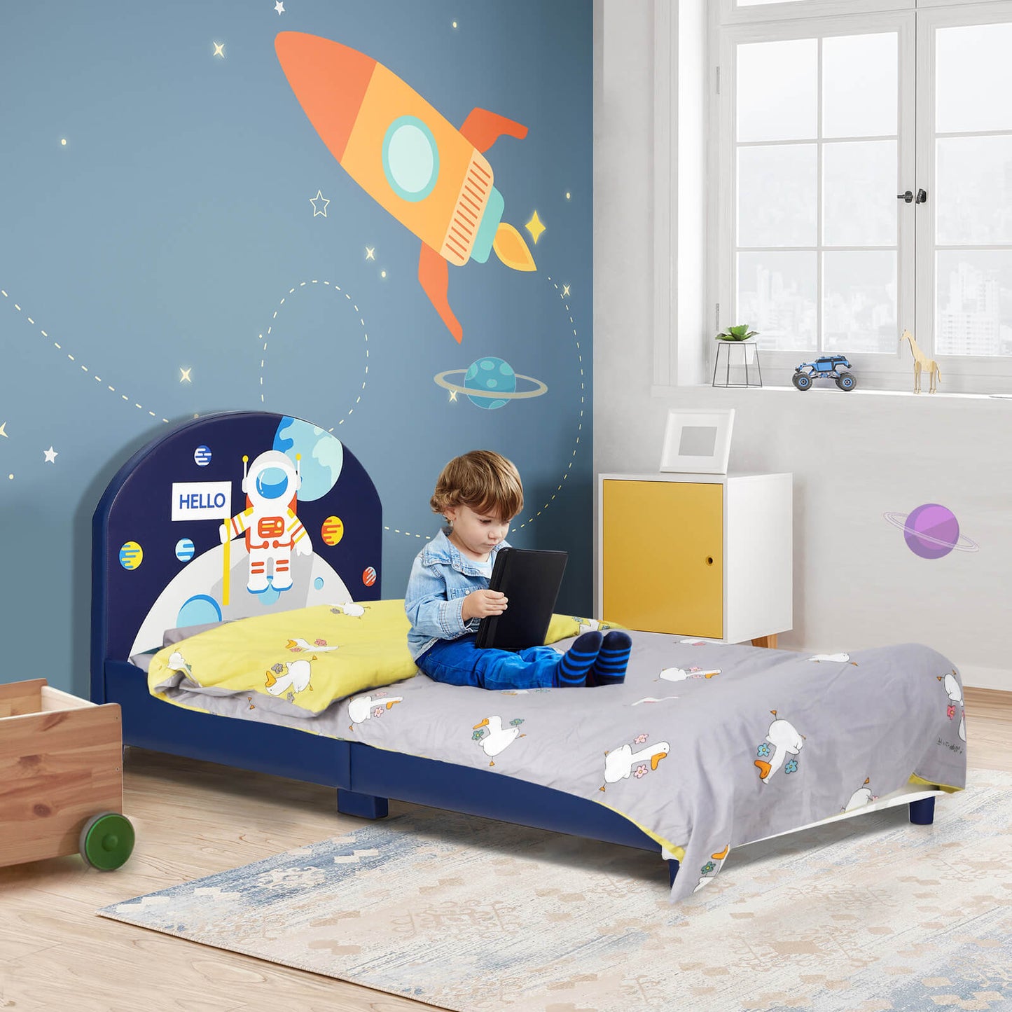 Kids Upholstered Platform Bed with Headboard and Footboard, Dark Blue Toddler Beds at Gallery Canada