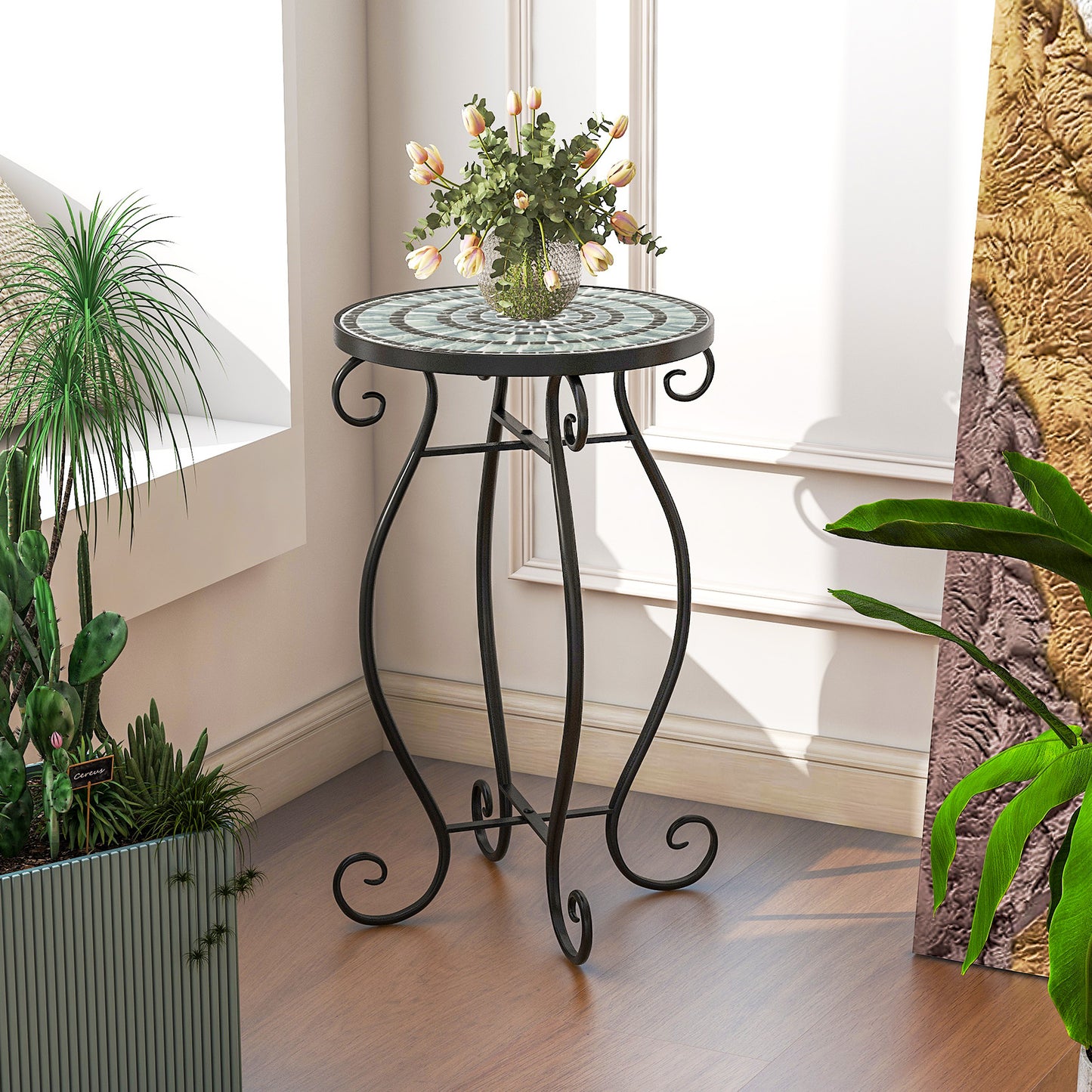 Small Plant Stand, Ceramic Tile Tabletop, Black & Blue