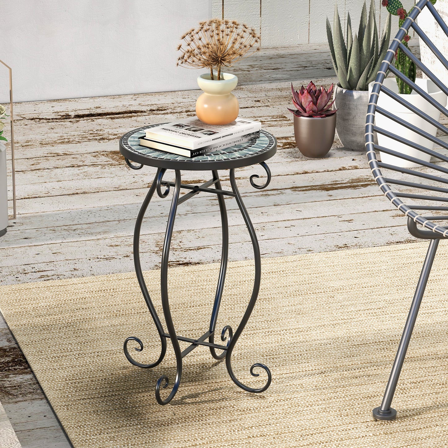 Small Plant Stand, Ceramic Tile Tabletop, Black & Blue