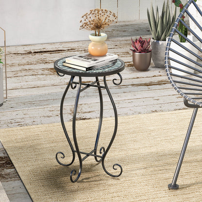 Small Plant Stand, Ceramic Tile Tabletop, Black & Blue