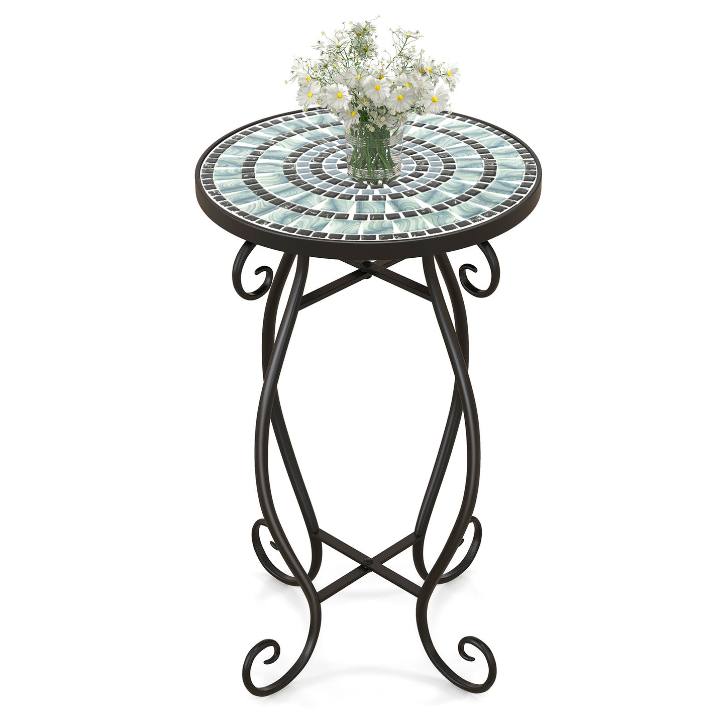 Small Plant Stand, Ceramic Tile Tabletop, Black & Blue