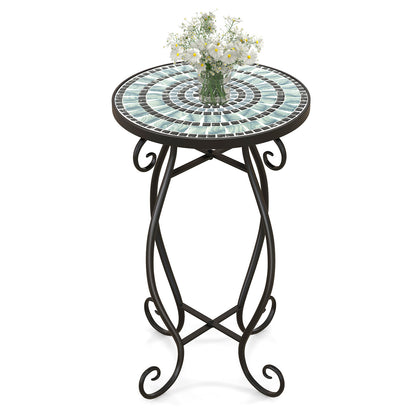Small Plant Stand, Ceramic Tile Tabletop, Black & Blue