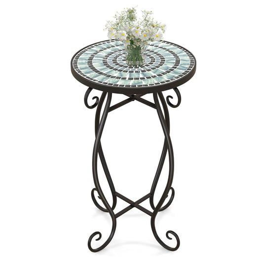 Small Plant Stand with Weather Resistant Ceramic Tile Tabletop, Black & Smoke Blue - Gallery Canada