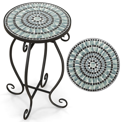 Small Plant Stand, Ceramic Tile Tabletop, Black & Blue