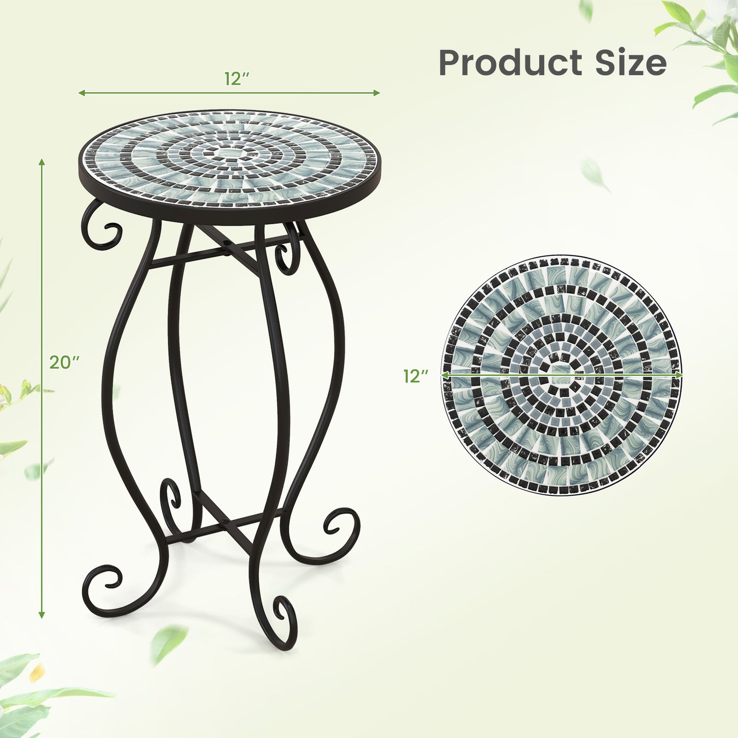 Small Plant Stand, Ceramic Tile Tabletop, Black & Blue
