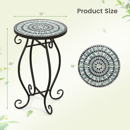 Small Plant Stand, Ceramic Tile Tabletop, Black & Blue
