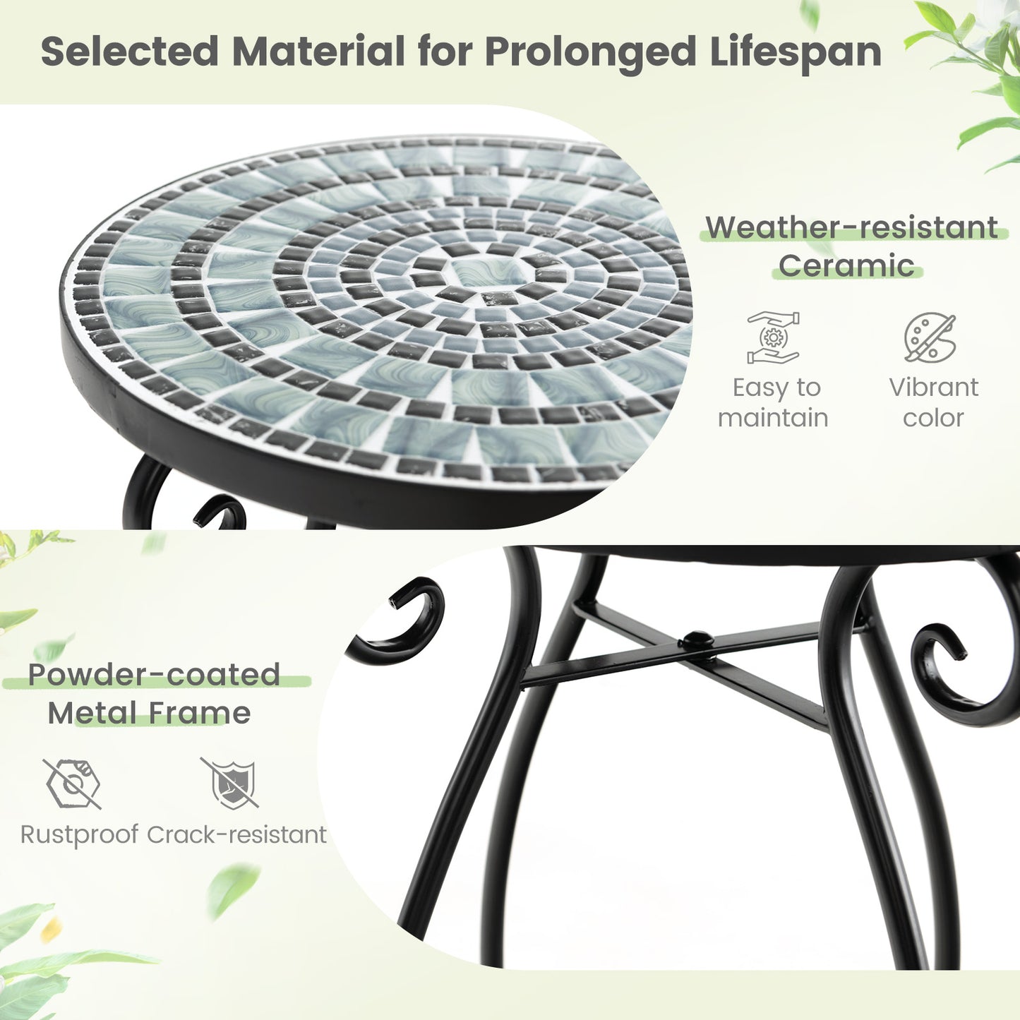 Small Plant Stand, Ceramic Tile Tabletop, Black & Blue