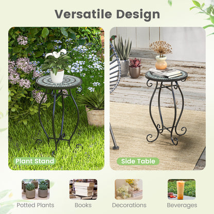 Small Plant Stand, Ceramic Tile Tabletop, Black & Blue
