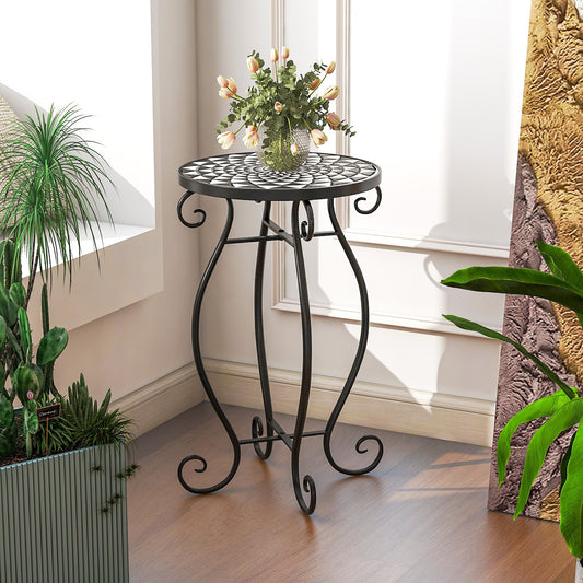 Small Plant Stand with Weather Resistant Ceramic Tile Tabletop, Black & White - Gallery Canada