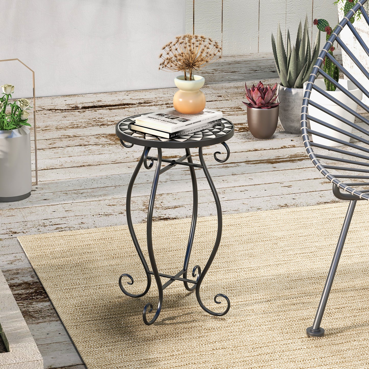 Petit support de plantes, plateau de table en céramique résistant aux intempéries, noir et blanc