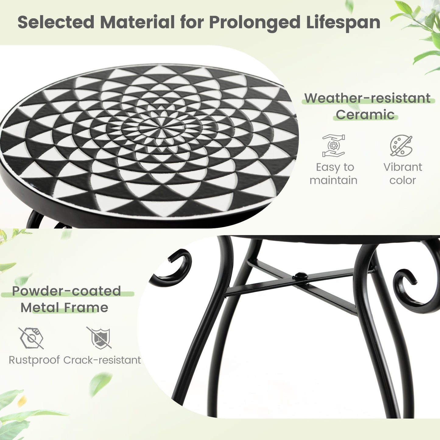 Petit support de plantes, plateau de table en céramique résistant aux intempéries, noir et blanc