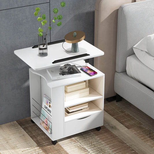 Nightstand Bedside Table Swivel Laptop Tray with Charging Station and LED Lights, White - Gallery Canada