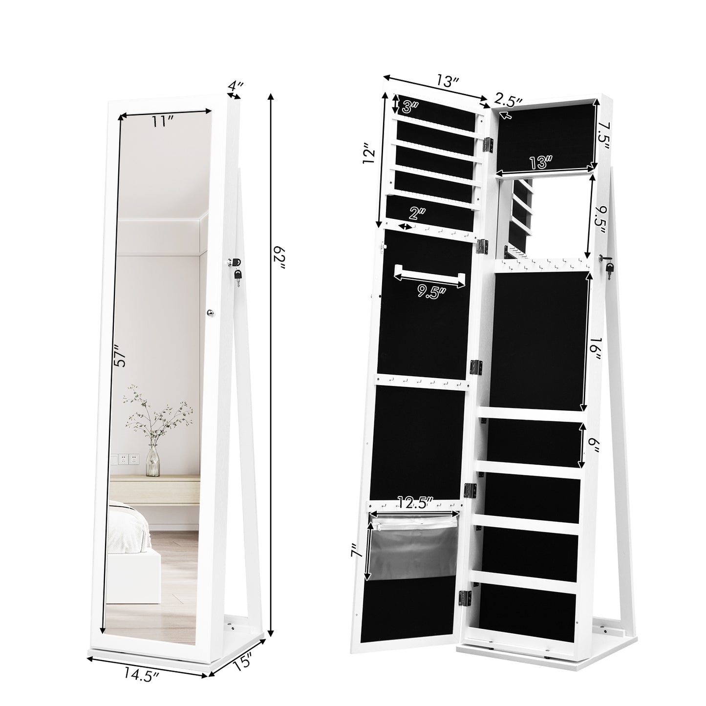 Lockable Freestanding Jewelry Armoire with Full Length Mirror, White Jewelry Armoires at Gallery Canada