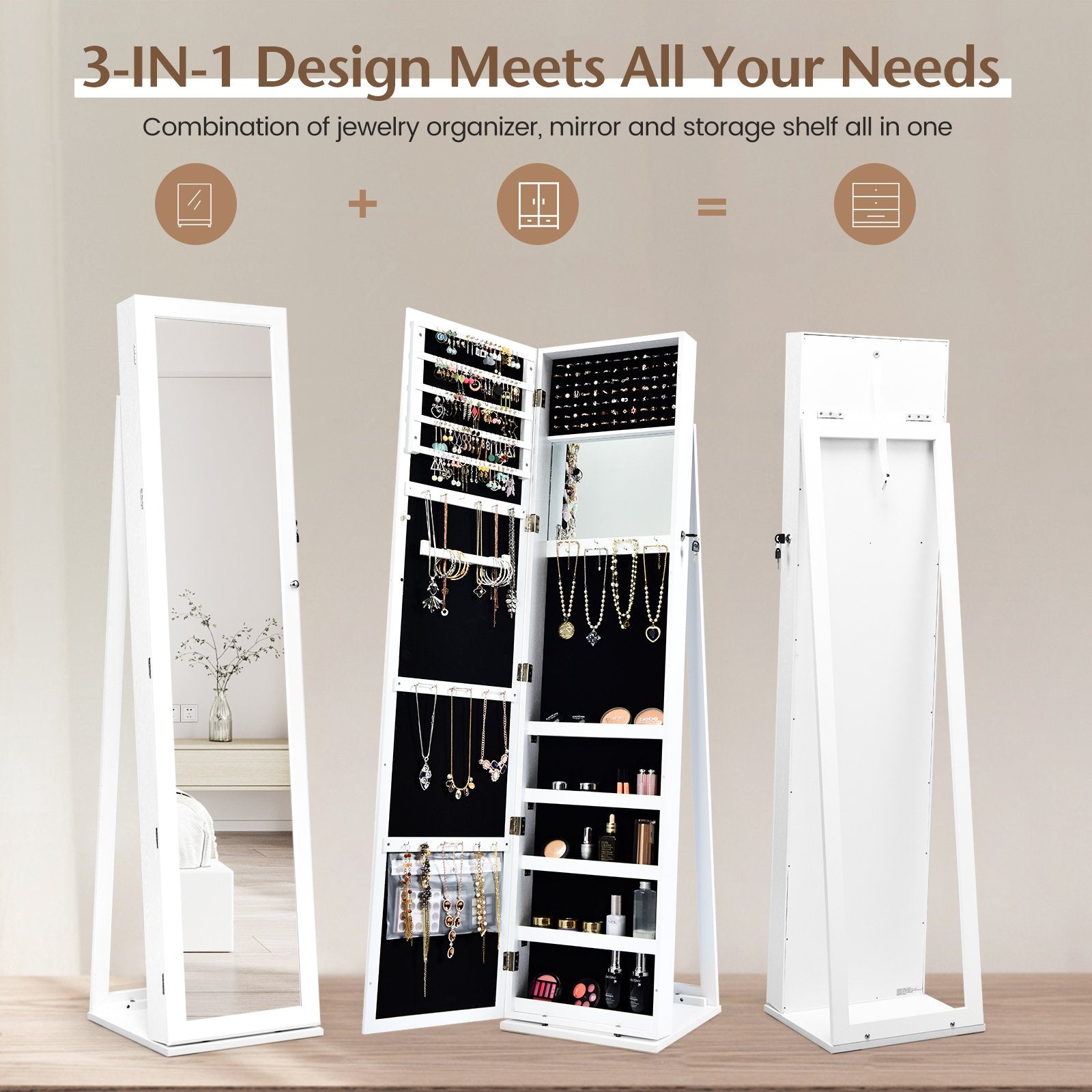 Lockable Freestanding Jewelry Armoire with Full Length Mirror, White at Gallery Canada
