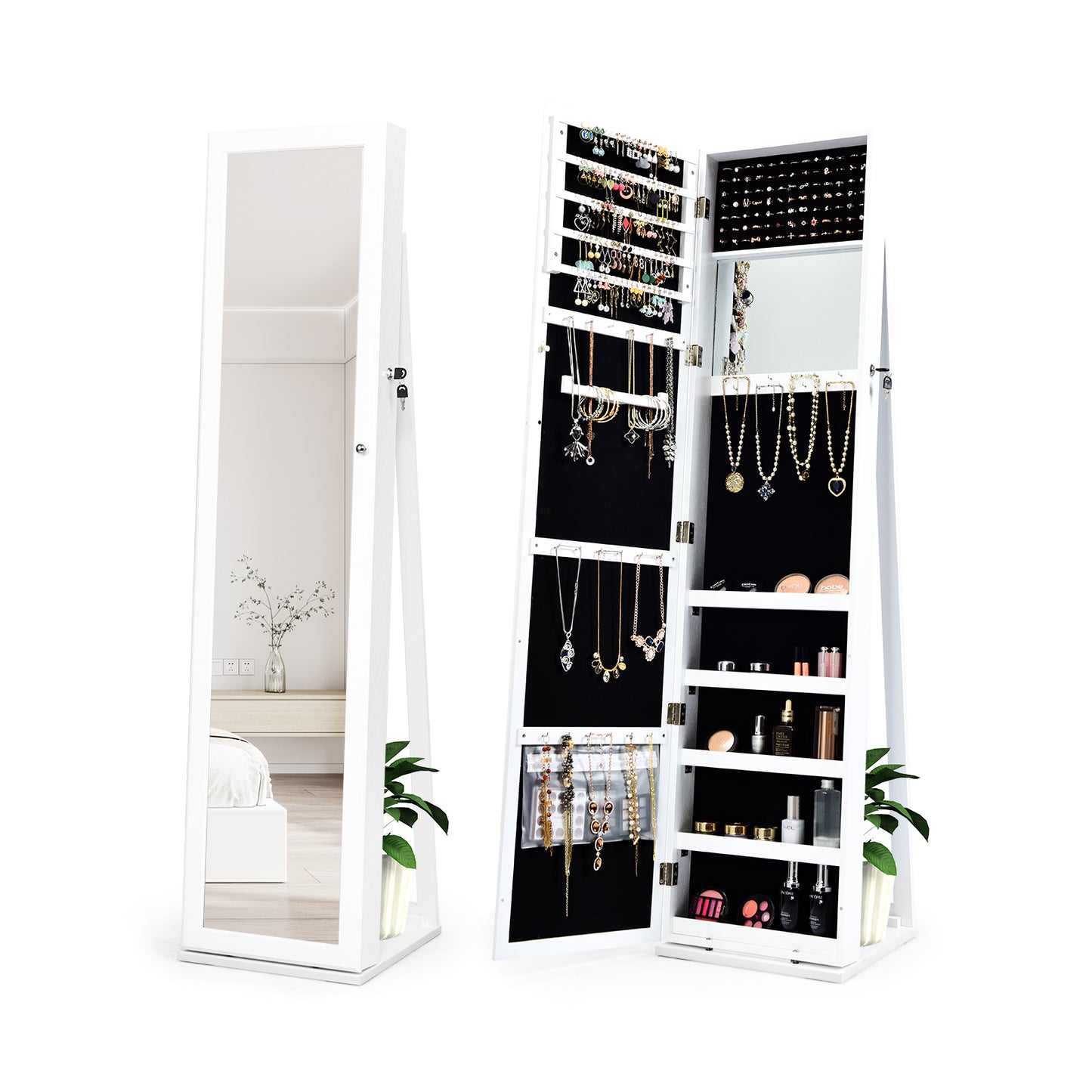 Lockable Freestanding Jewelry Armoire, Full Length Mirror, White