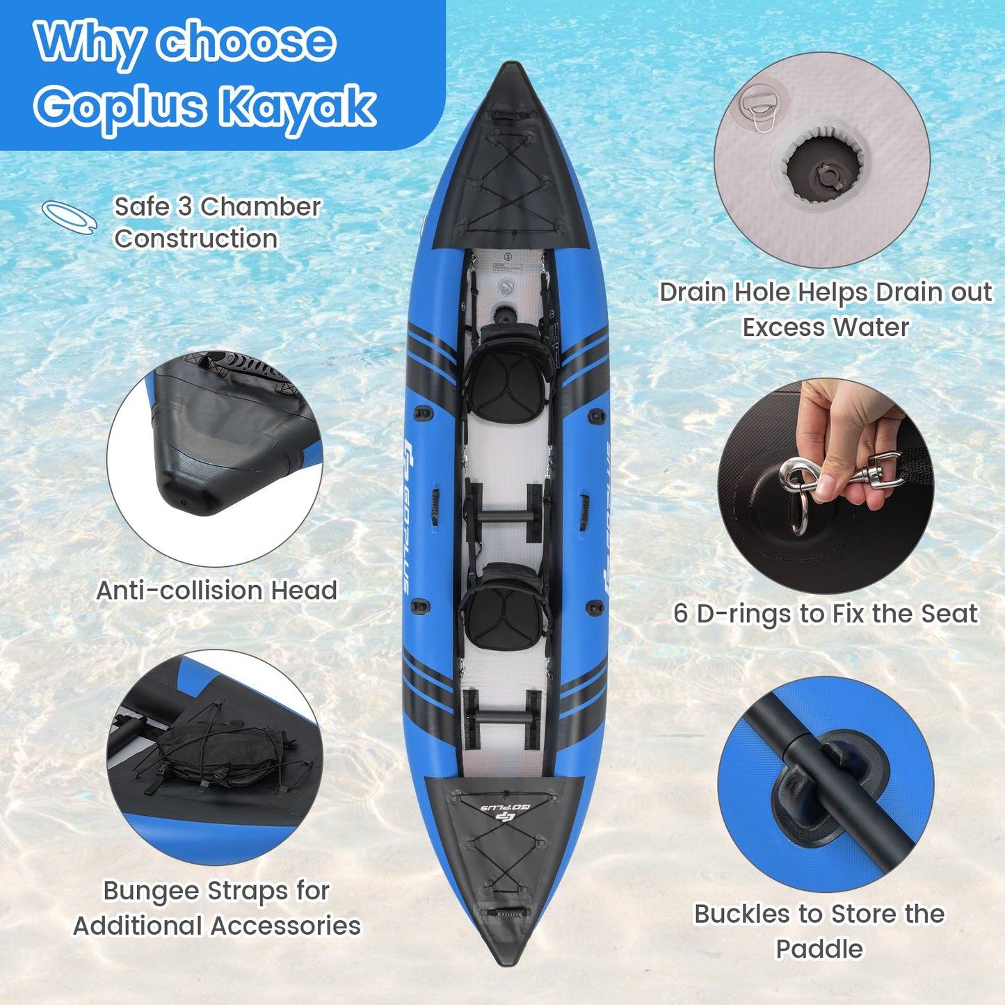 Inflatable 2-person Kayak Set with Aluminium Oars and Repair Kit, Blue