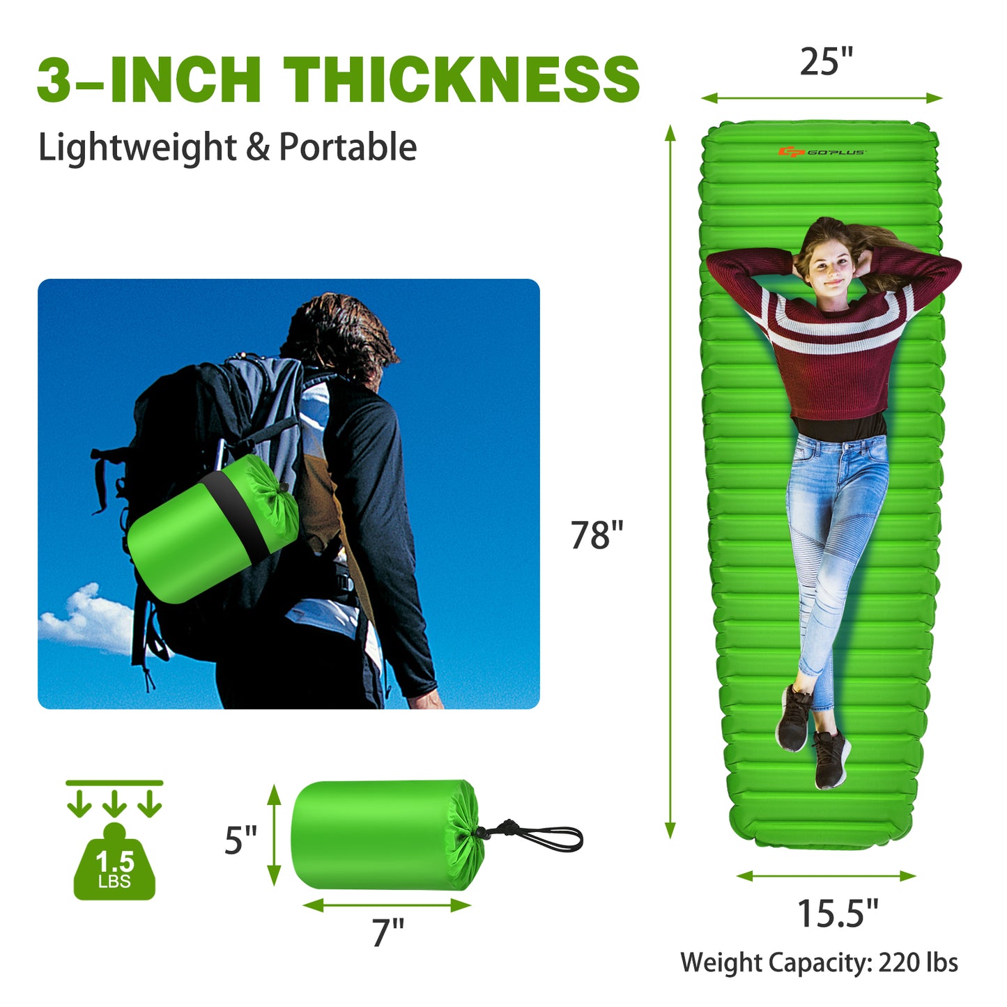 3 Inch Thick Inflatable Waterproof Camping Sleeping Pad, Green Air Mattresses & Sleeping Bags at Gallery Canada