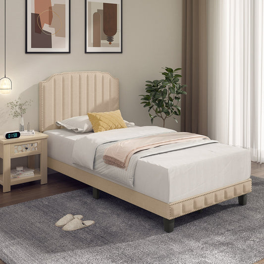 Heavy Duty Upholstered Bed Frame with Rivet Headboard-Twin Size, Beige - Gallery Canada