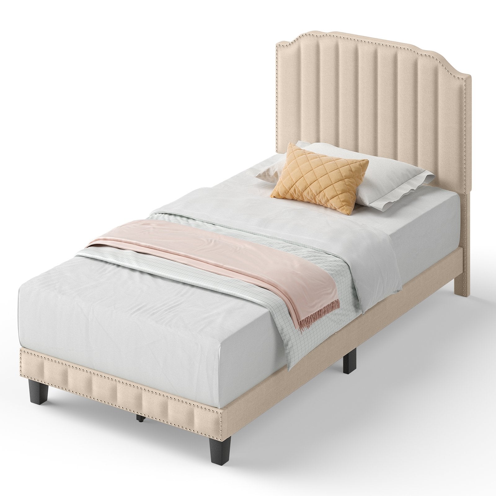 Heavy Duty Upholstered Bed Frame with Rivet Headboard-Twin Size, Beige - Gallery Canada