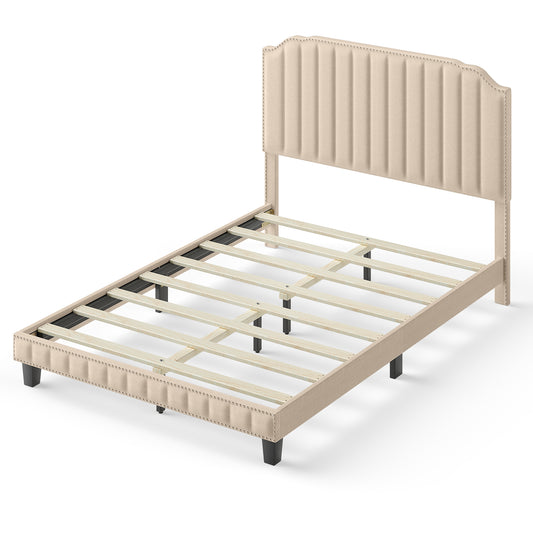 Heavy Duty Upholstered Bed Frame with Rivet Headboard-Full Size, Beige Simple Bed Frame Full Size at Gallery Canada