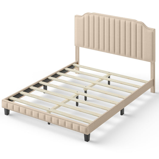 Heavy Duty Upholstered Bed Frame with Rivet Headboard-Queen Size, Beige - Gallery Canada