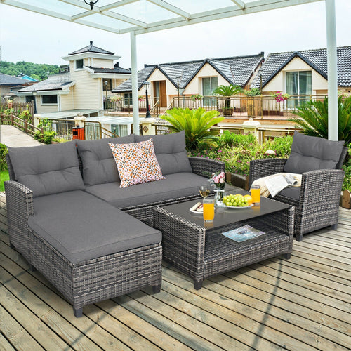 4 Pieces Patio Rattan Furniture Set with Cushion and Table Shelf, Gray